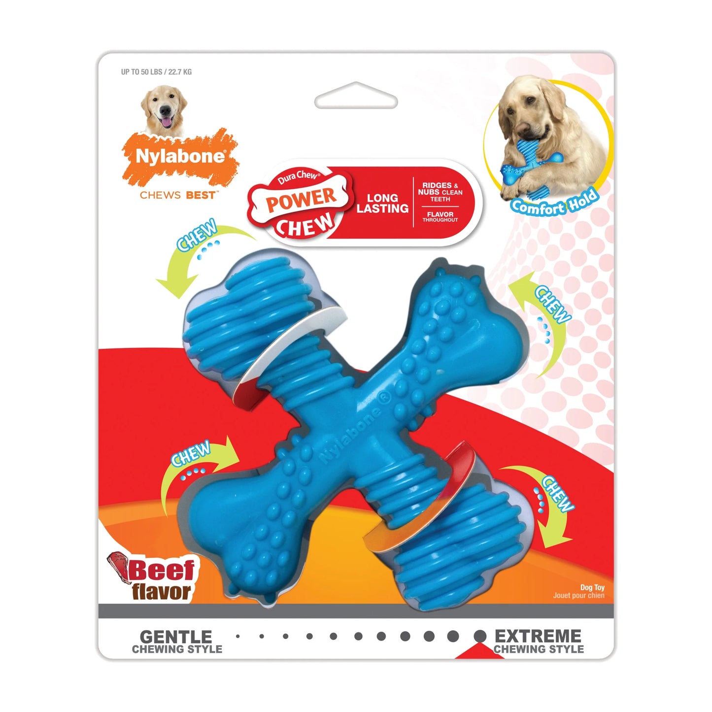 power chew comfort hold x bone dog toy, dog chew toy, beef flavor, large, 1 count
