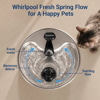 Sovelivee 3.5L 304 Stainless Steel Cat Water Fountain for Cats & Small Dogs, Dual Flow Pet Water Dispenser with Water Level Window & Low-Water Alert& Dry-Run Protection