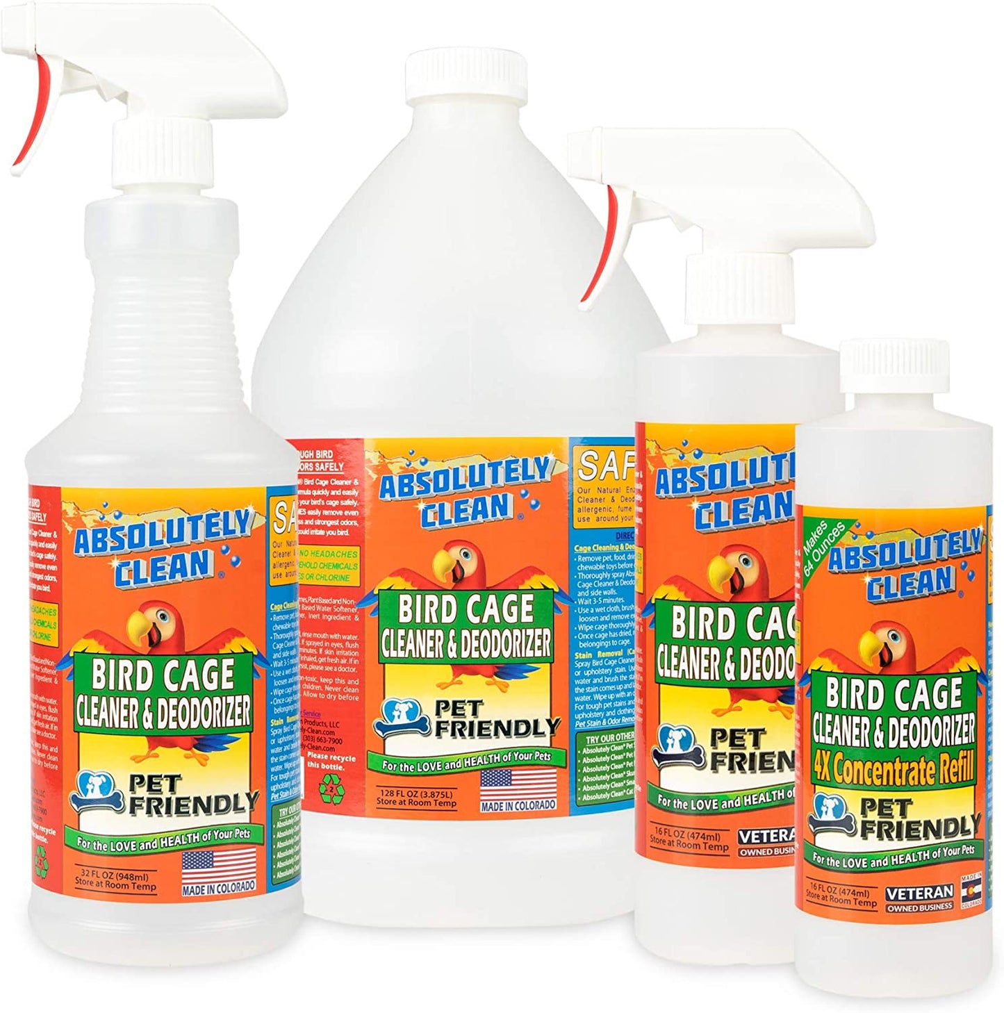 amazing bird cage cleaner and deodorizer - just spray/wipe - safely & easily removes bird messes quickly and easily - usa made - fragrance free (4x concentrate - 16oz makes 64oz)