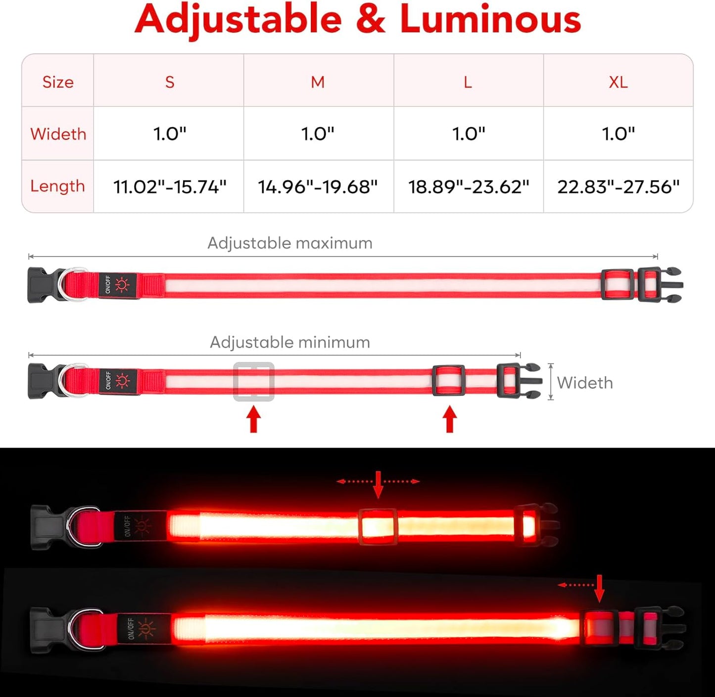 led dog collar, light up dog collar adjustable usb rechargeable super bright safety light glowing collars for dogs(medium,red)