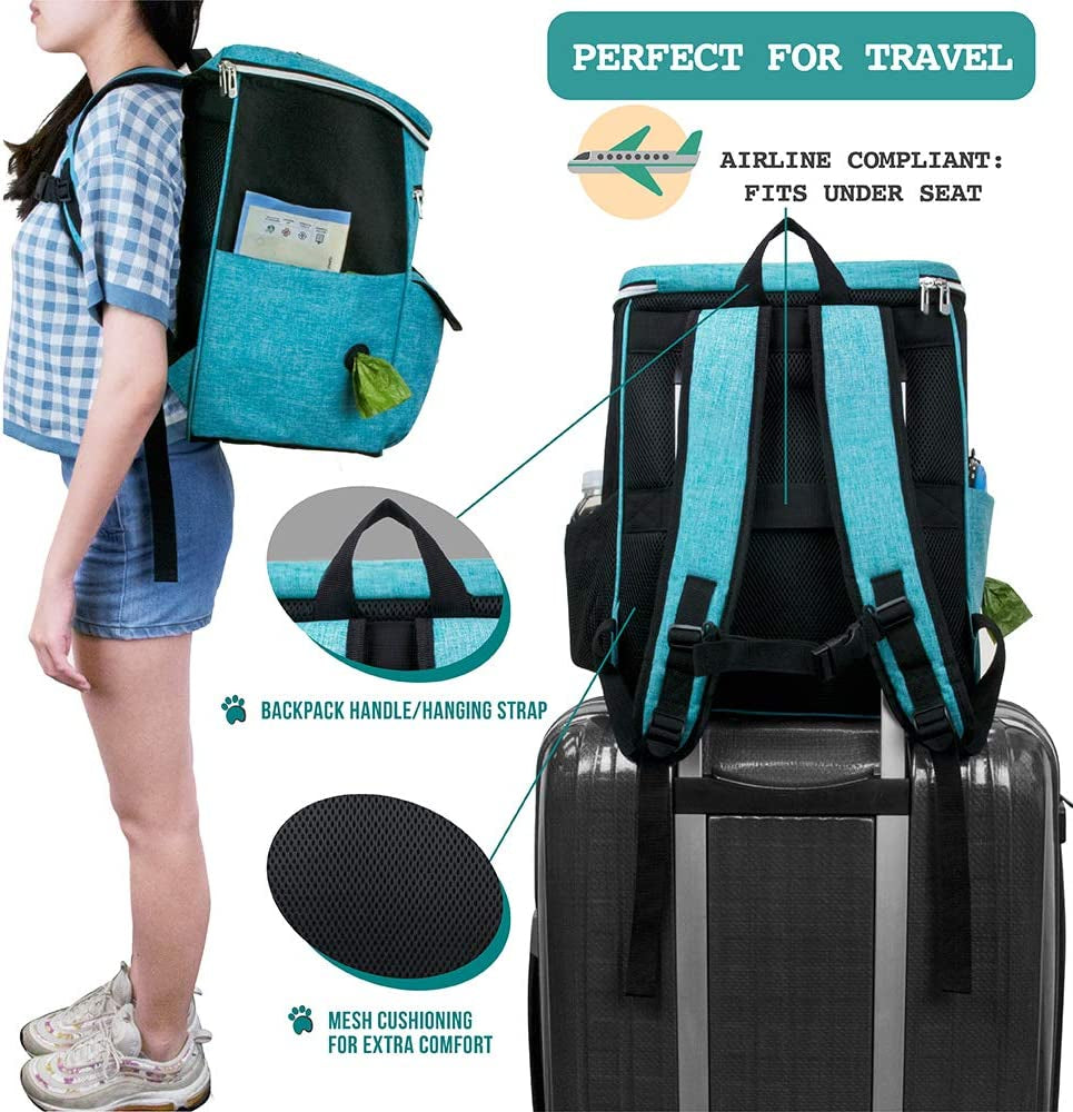 dog travel bag backpack, 27l airline approved pet supplies organizer with 2 food containers, 2 collapsible bowls & poop bag dispenser, weekend road trip camping dog mom gift, teal blue