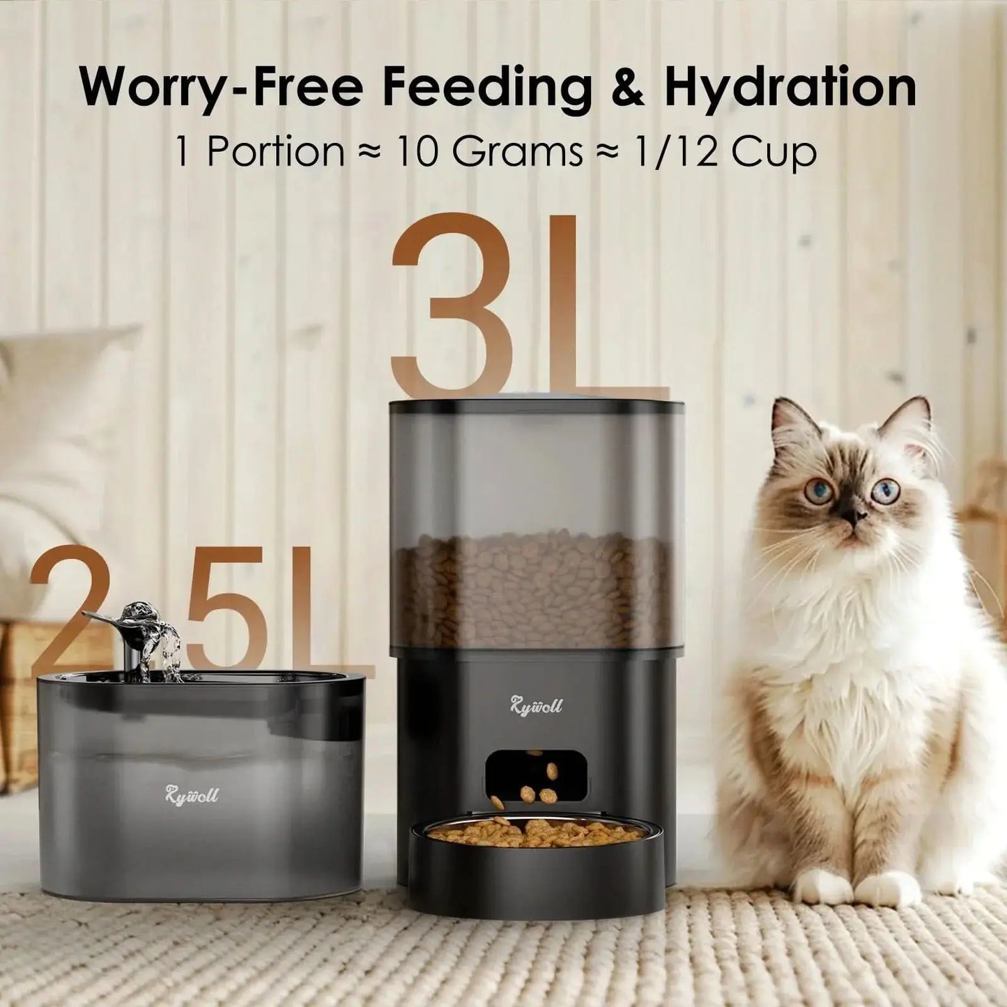 automatic cat feeder with water dispenser, 2-in-1 feeding set with feeding schedule & voice recorder, dual power supply, auto cat food dispenser for cat