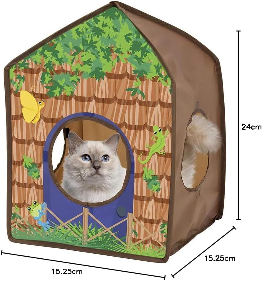 safari jungle tiger pop-up cat house, collapsible indoor cat hideout with peekaboo openings, lightweight foldable cat playhouse