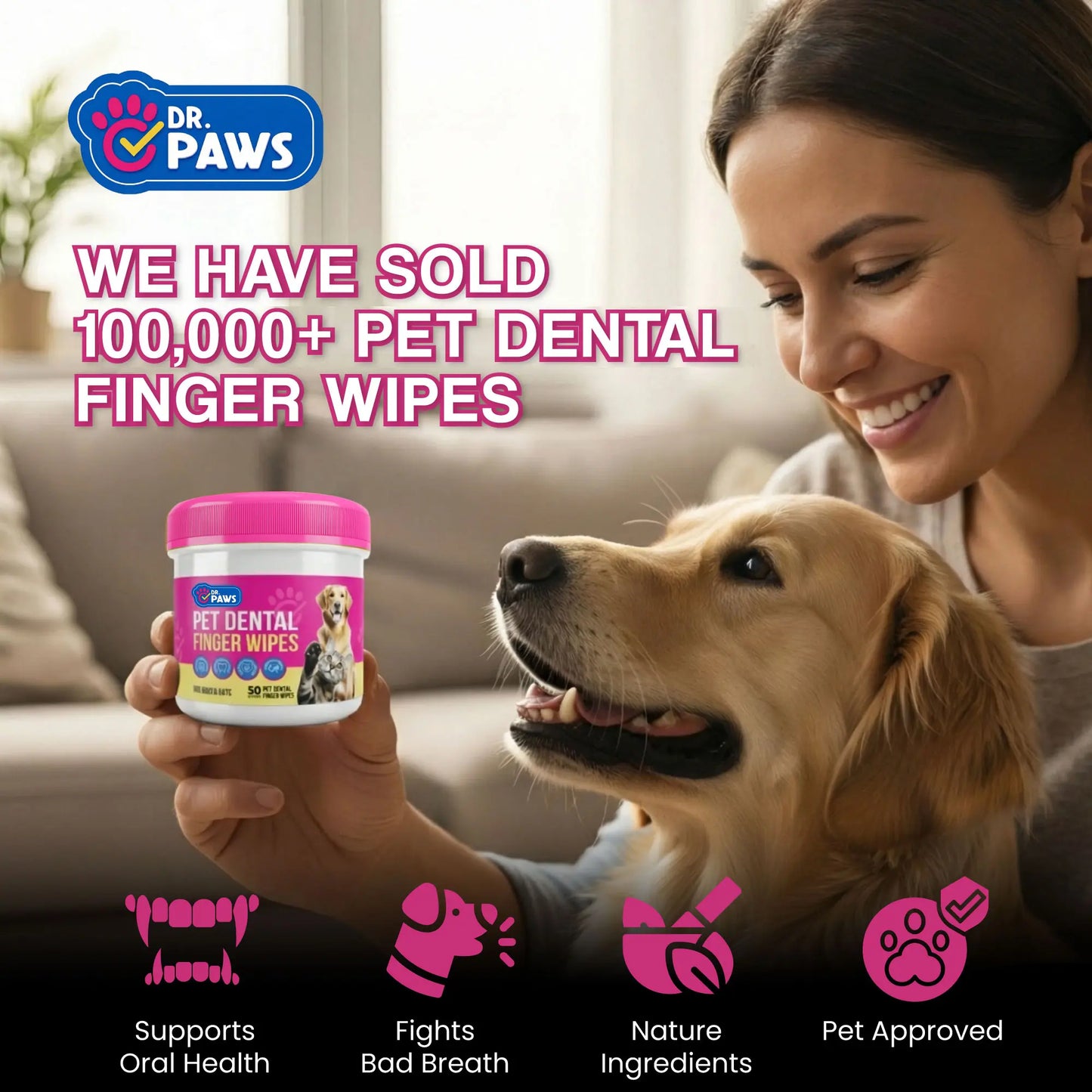 dr. paws: pet care finger wipes for dogs & cats – dental cleaning, ear cleaner & eye care wipes | removes plaque, bad breath, tear stains & ear wax | hypoallergenic no-rinse grooming wipes