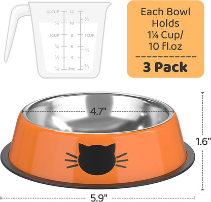 3PCS Pet Bowl Stainless Steel Non-Skid Base Dog Bowl Cat Bowl with 2 Food Scoop (Multicolor)