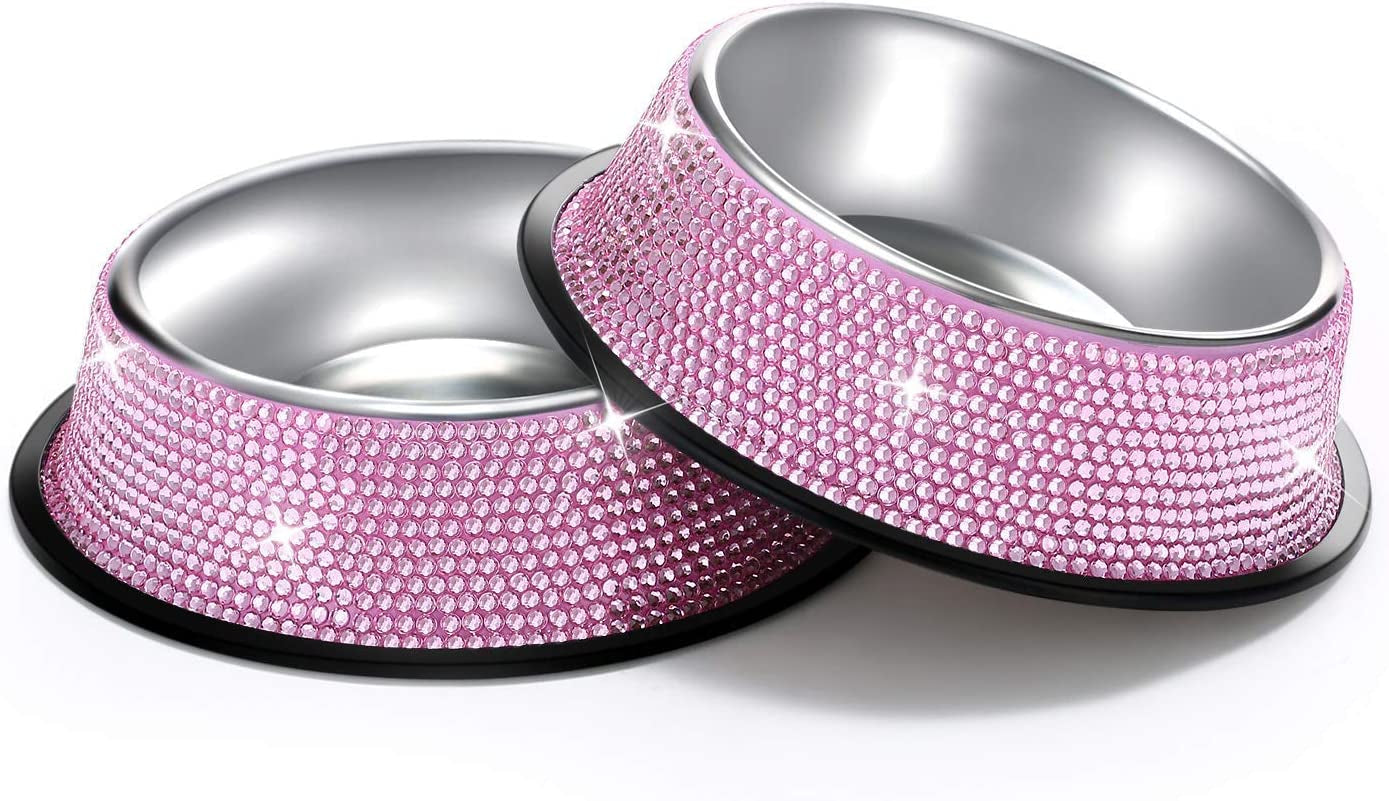 bling dog bowls pink, 640ml handmade bling rhinestones stainless steel pet bowls double food water feeder for puppy cats dogs - set of 2