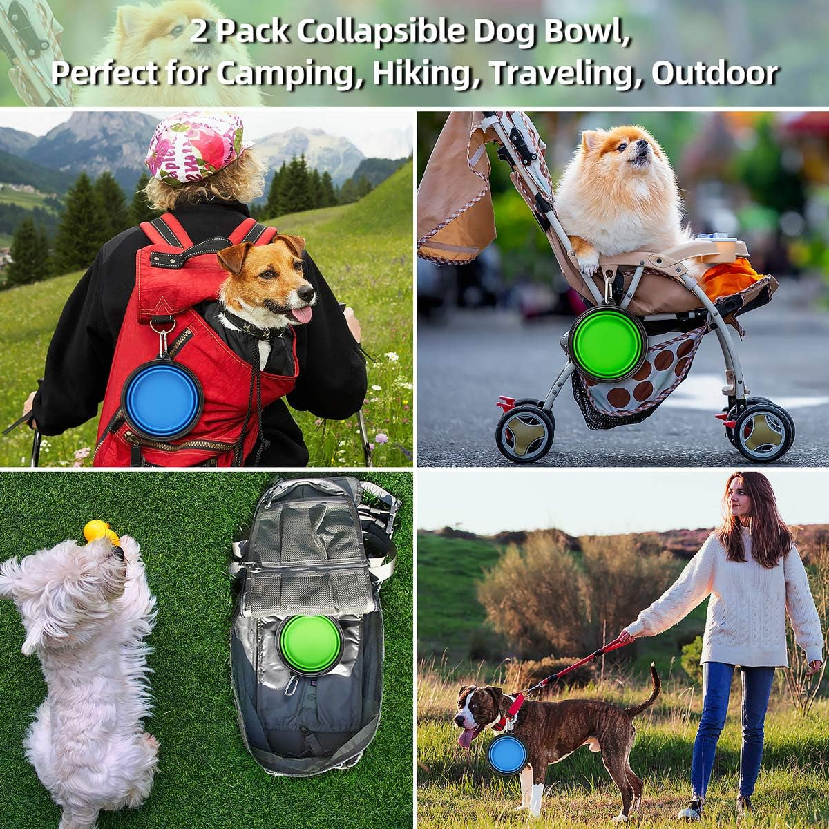 large collapsible dog bowls 2 pack, 34oz foldable dog travel bowl, portable pet water food bowl with clasp, pet cat feeding cup dish for traveling, walking, hiking (blue+green)