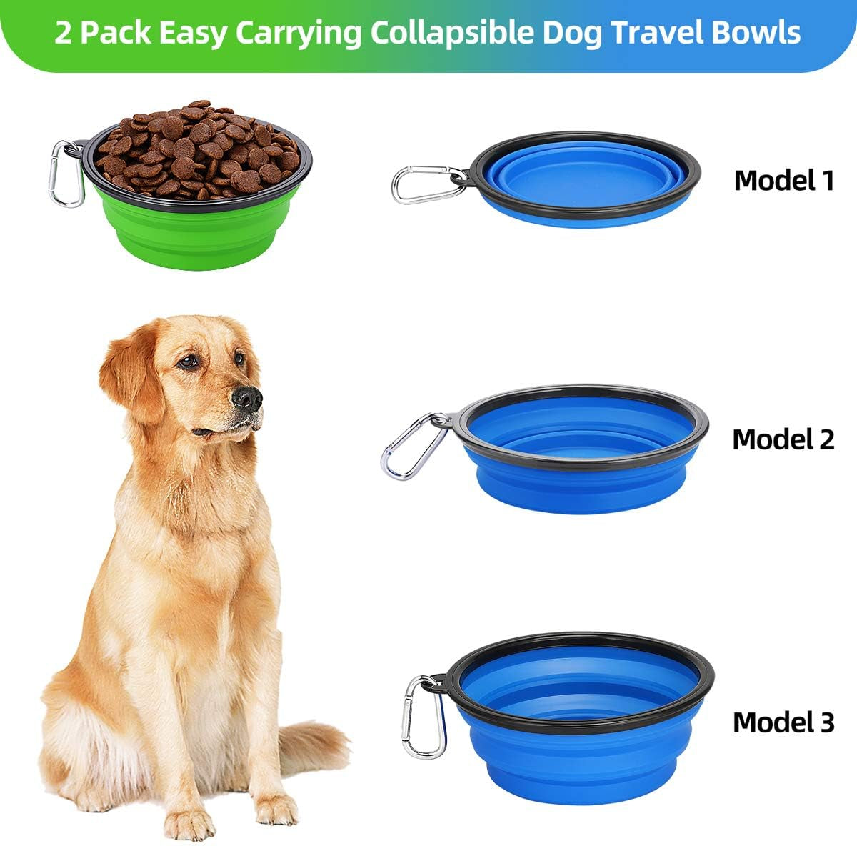 large collapsible dog bowls 2 pack, 34oz foldable dog travel bowl, portable pet water food bowl with clasp, pet cat feeding cup dish for traveling, walking, hiking (blue+green)
