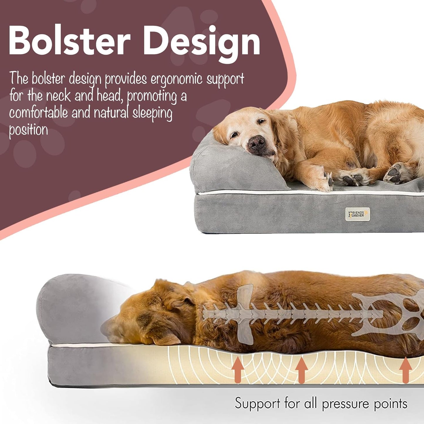 orthopedic dog bed, memory foam pet sofa, calming dog couch, water resistant pet bed, washable cover, non-slip bottom, chester, grey, 50" x 40" x 13"