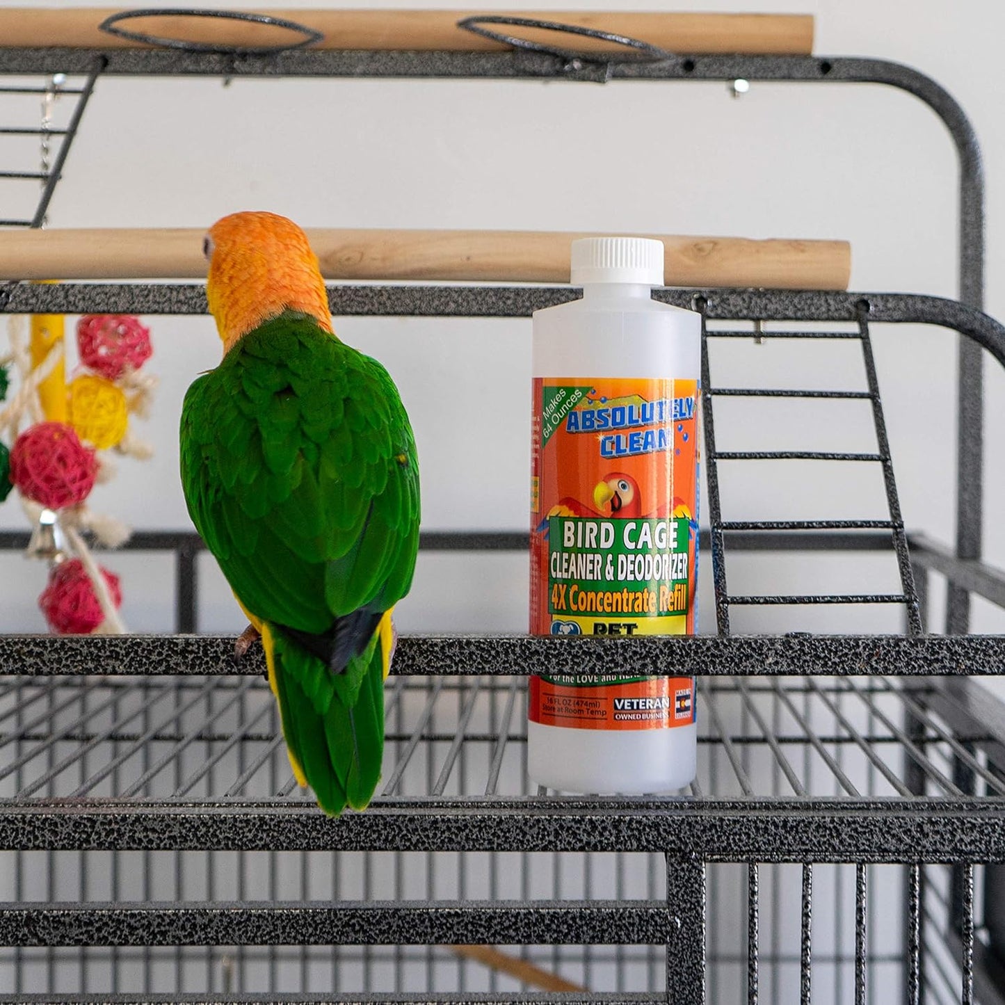 amazing bird cage cleaner and deodorizer - just spray/wipe - safely & easily removes bird messes quickly and easily - usa made - fragrance free (4x concentrate - 16oz makes 64oz)