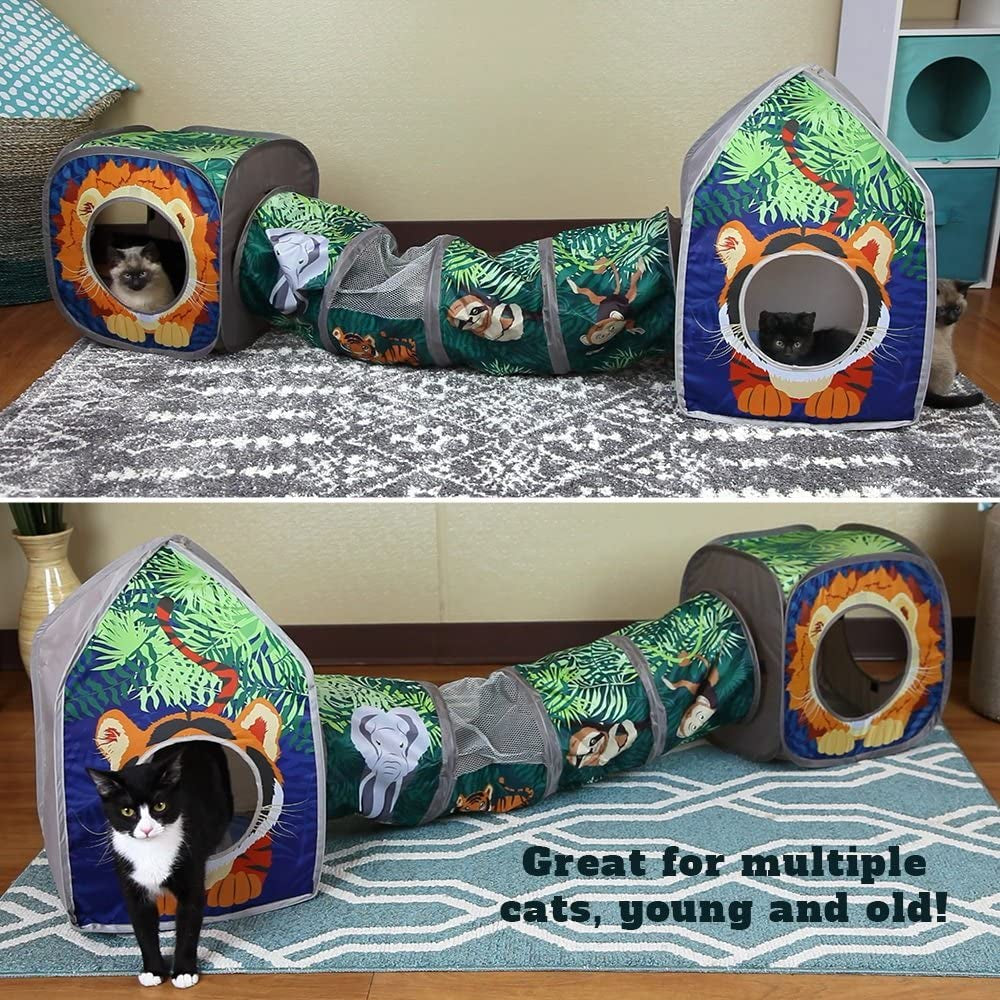 safari jungle cat play set, collapsible pop-up cat toys combo with cube, tunnel & hideout, interactive indoor kitty playhouse for exercise, hiding & lounging