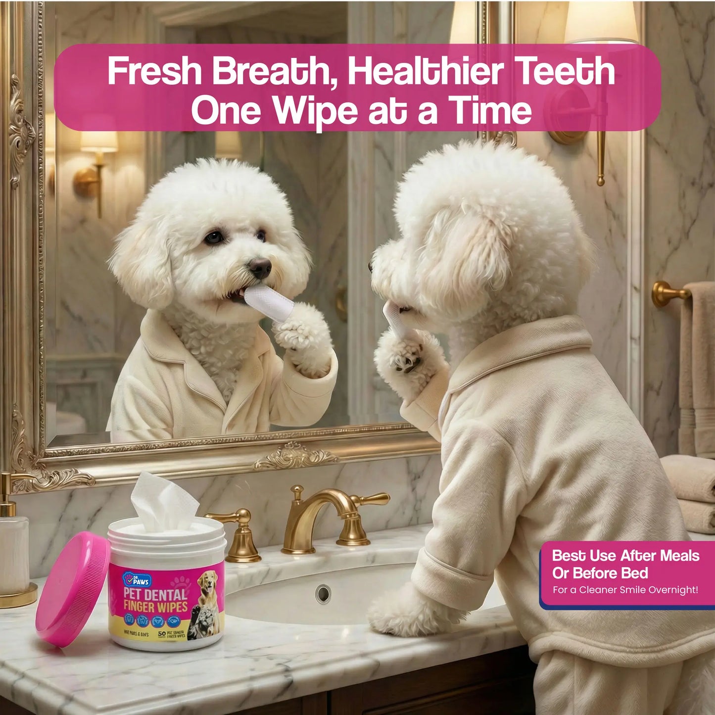 dr. paws: pet care finger wipes for dogs & cats – dental cleaning, ear cleaner & eye care wipes | removes plaque, bad breath, tear stains & ear wax | hypoallergenic no-rinse grooming wipes