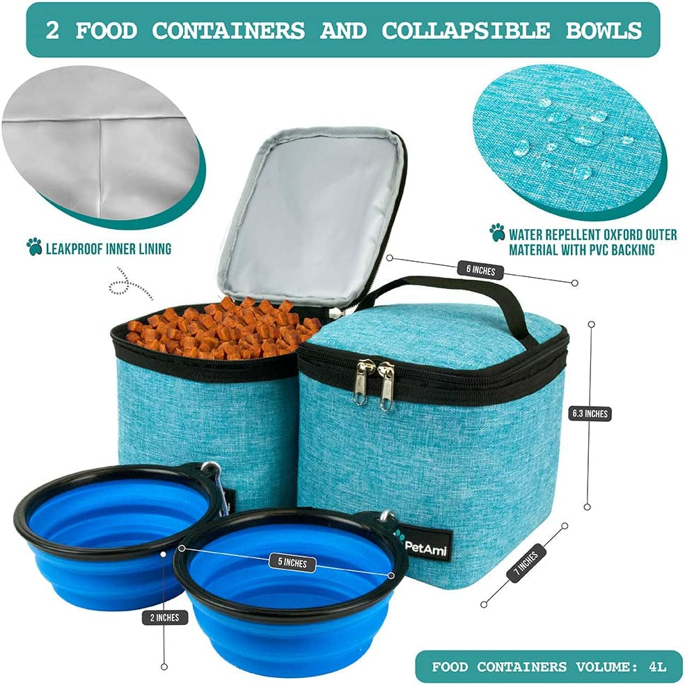 dog travel bag backpack, 27l airline approved pet supplies organizer with 2 food containers, 2 collapsible bowls & poop bag dispenser, weekend road trip camping dog mom gift, teal blue