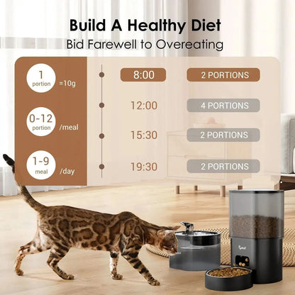 Automatic Cat Feeder with Water Dispenser, 2-In-1 Feeding Set with Feeding Schedule & Voice Recorder, Dual Power Supply, Auto Cat Food Dispenser for Cat