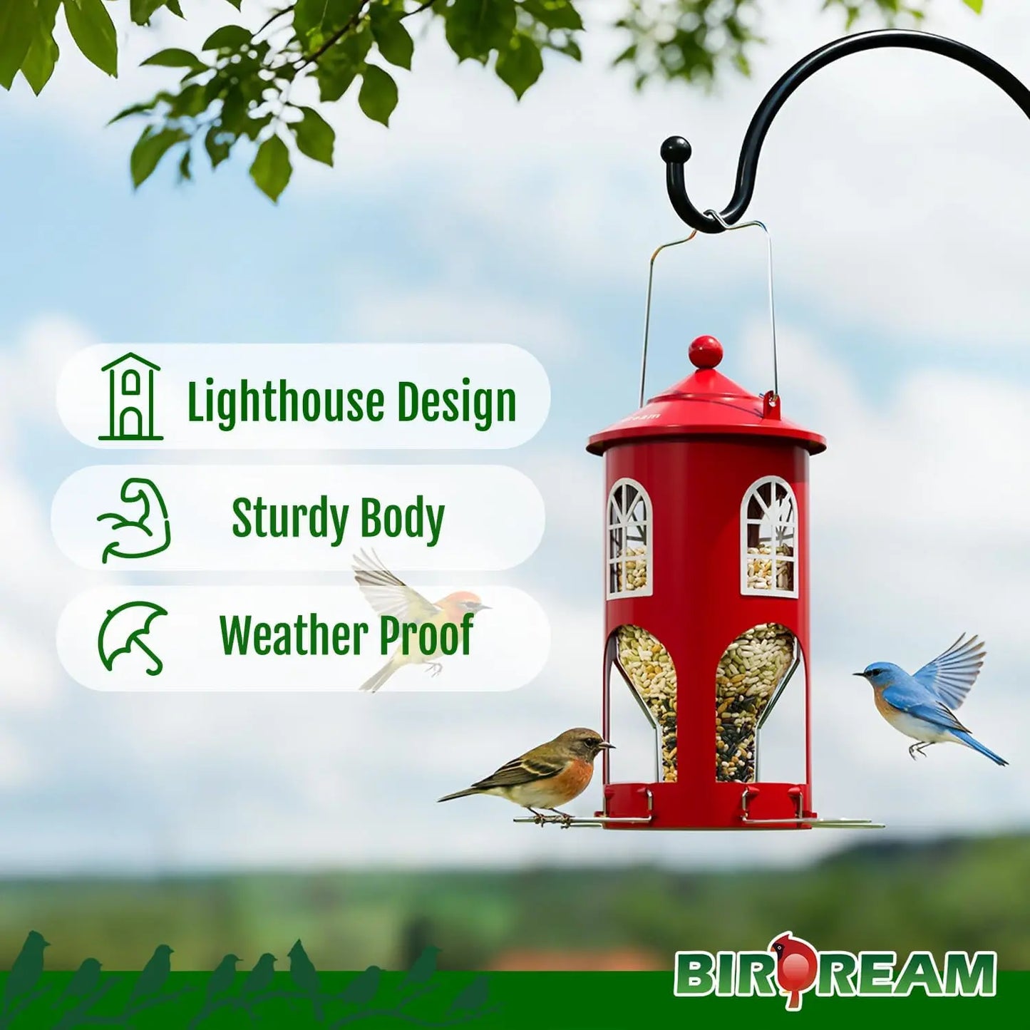 birdream metal bird feeder for outdoors hanging, small lighthouse bird feeder with clear seed tube, folding stainless steel perches, for small wild birds finches chickadees, red