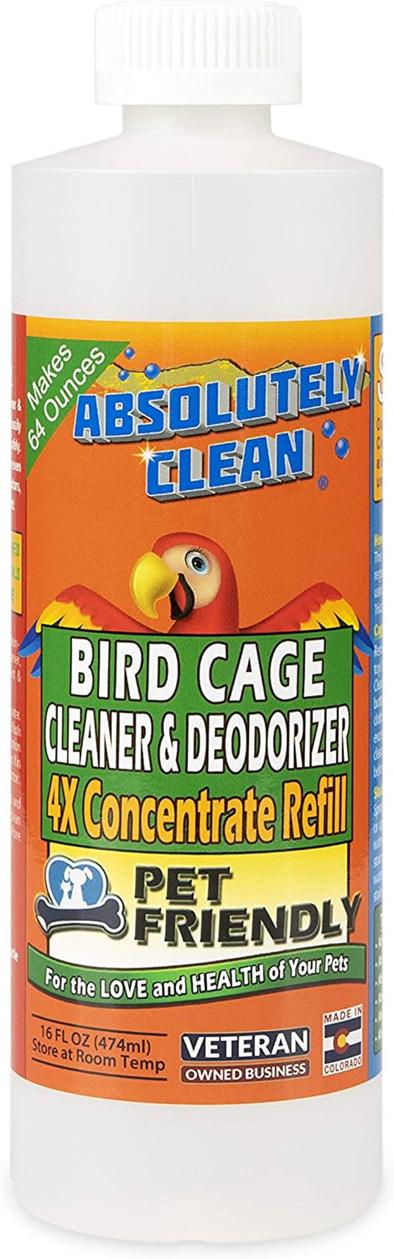 amazing bird cage cleaner and deodorizer - just spray/wipe - safely & easily removes bird messes quickly and easily - usa made - fragrance free (4x concentrate - 16oz makes 64oz)
