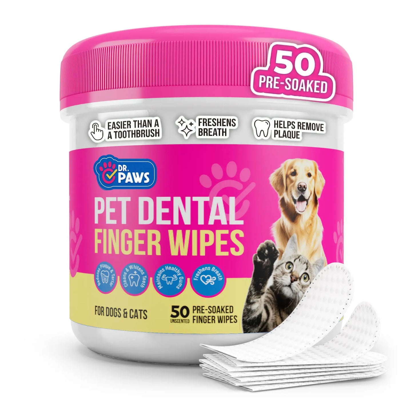 dr. paws: pet care finger wipes for dogs & cats – dental cleaning, ear cleaner & eye care wipes | removes plaque, bad breath, tear stains & ear wax | hypoallergenic no-rinse grooming wipes