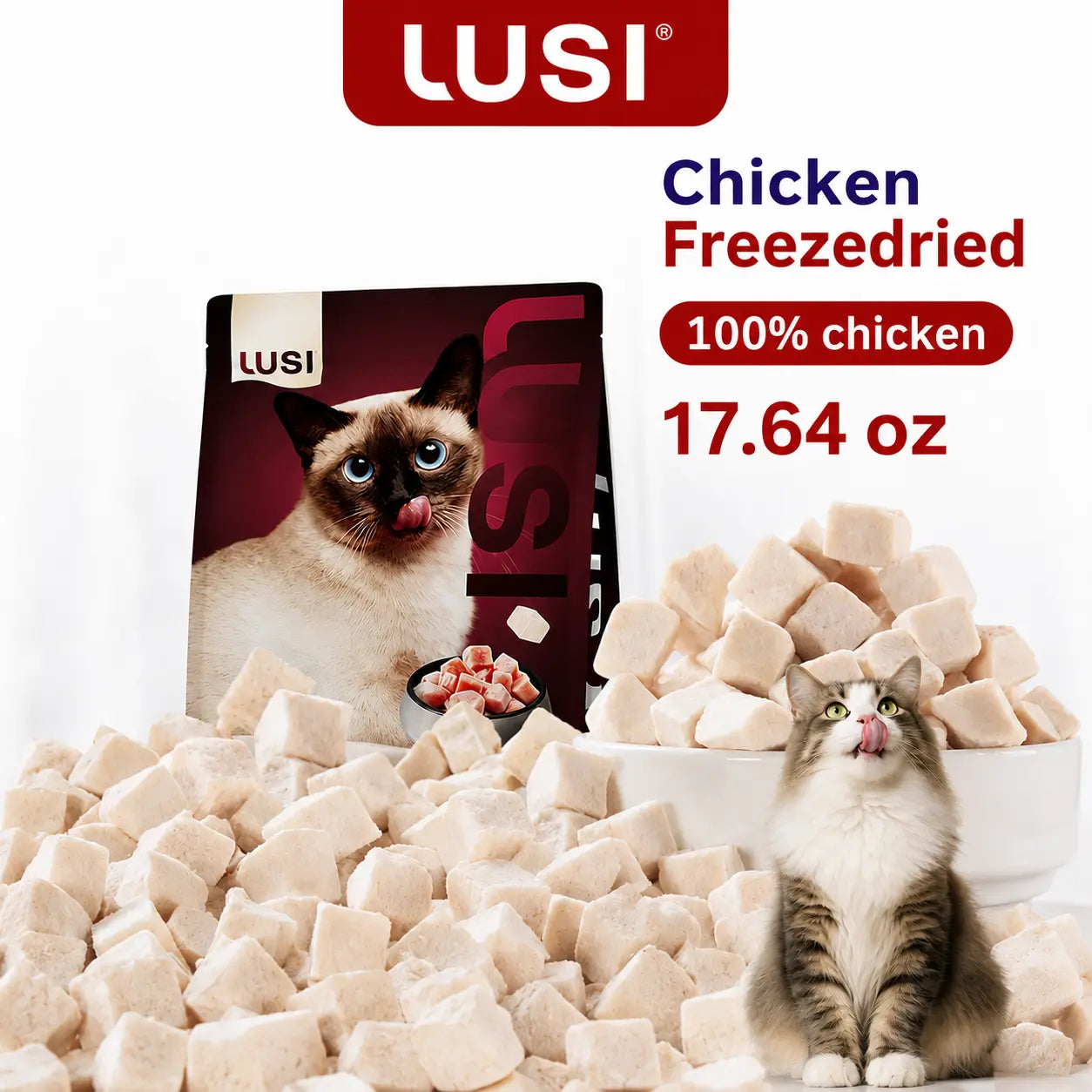 lusi high-quality freeze-dried chicken chunks cat food - 17.64 oz, premium cat treat for feline nutrition, high-quality freeze-dried chicken chunks - 17.64 oz