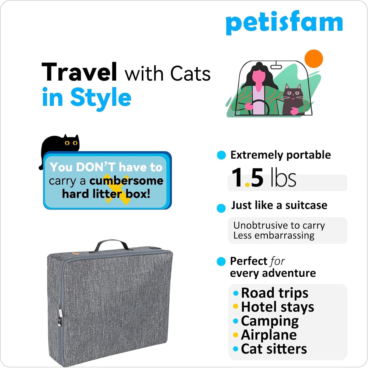 portable cat travel litter box with zipped lid | keep everything contained, no-messes, lightweight, for car, air travel and hotel stay