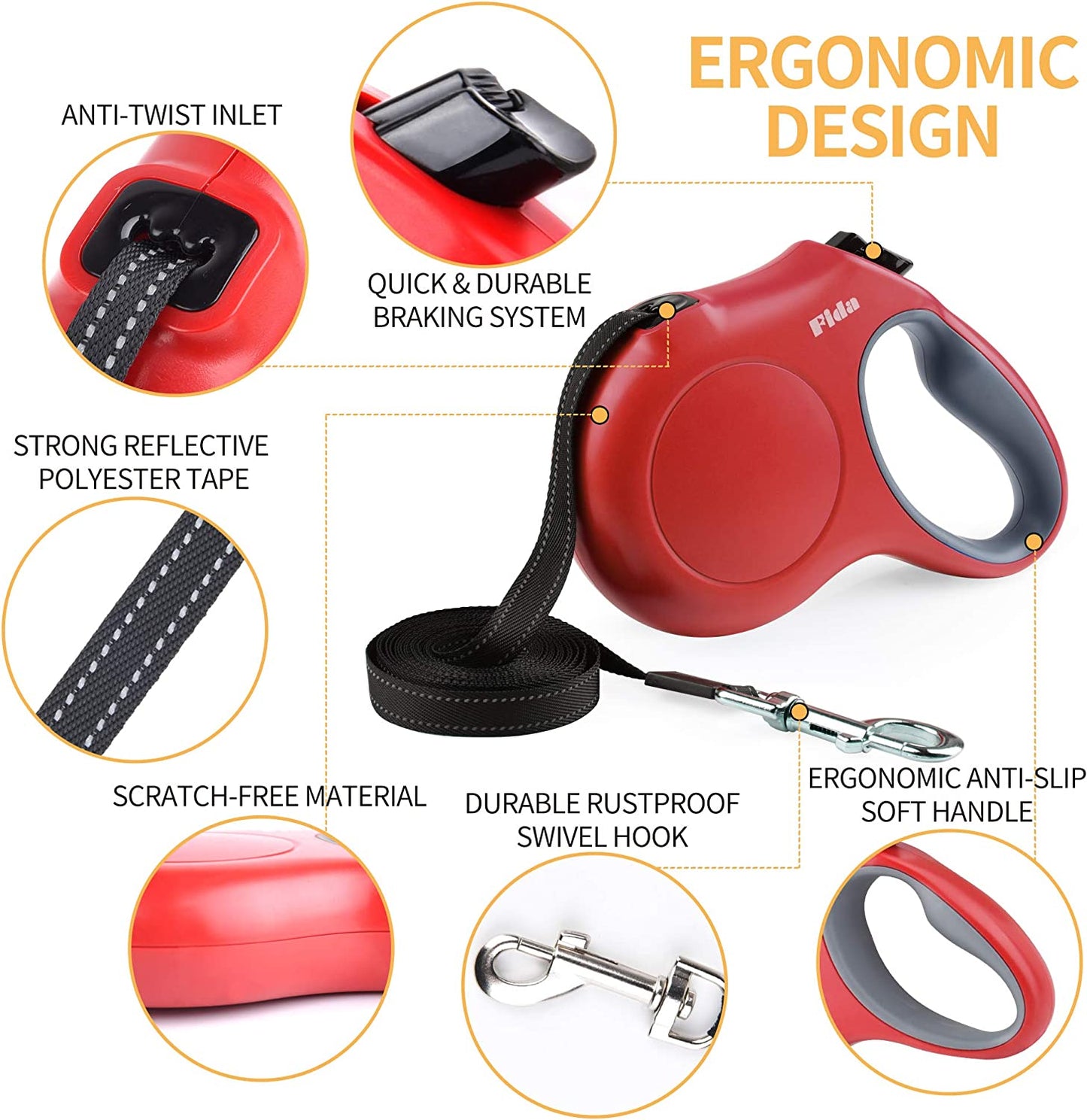retractable dog leash with dispenser and poop bags, 16 ft pet walking leash for medium dog or cat up to 44 lbs, anti-slip handle, tangle free, reflective nylon tape (m, red)