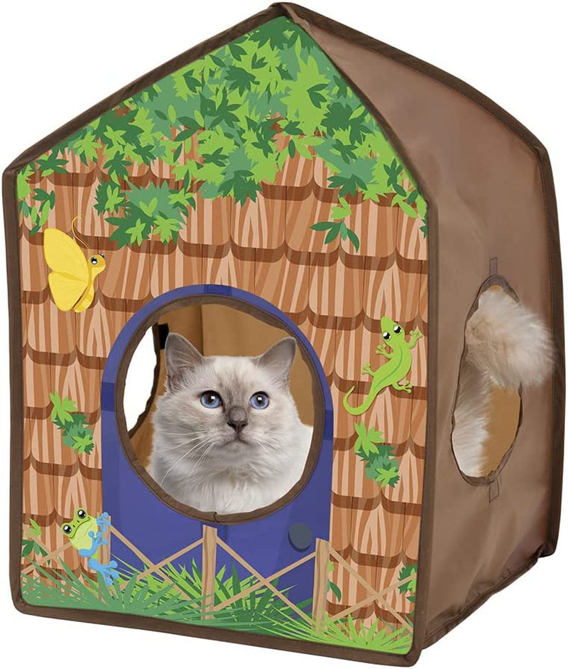 safari jungle tiger pop-up cat house, collapsible indoor cat hideout with peekaboo openings, lightweight foldable cat playhouse